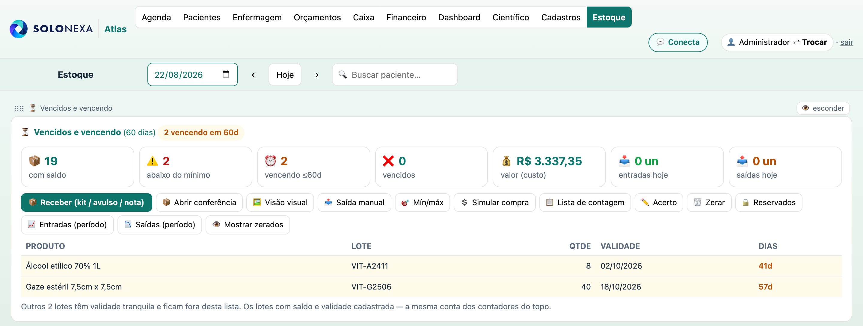 Tela de estoque do módulo ATLAS: os contadores de produtos com saldo, abaixo do mínimo, vencendo em sessenta dias e vencidos, o valor de custo em estoque, e abaixo a lista dos lotes com produto, número do lote, quantidade, validade e quantos dias faltam.