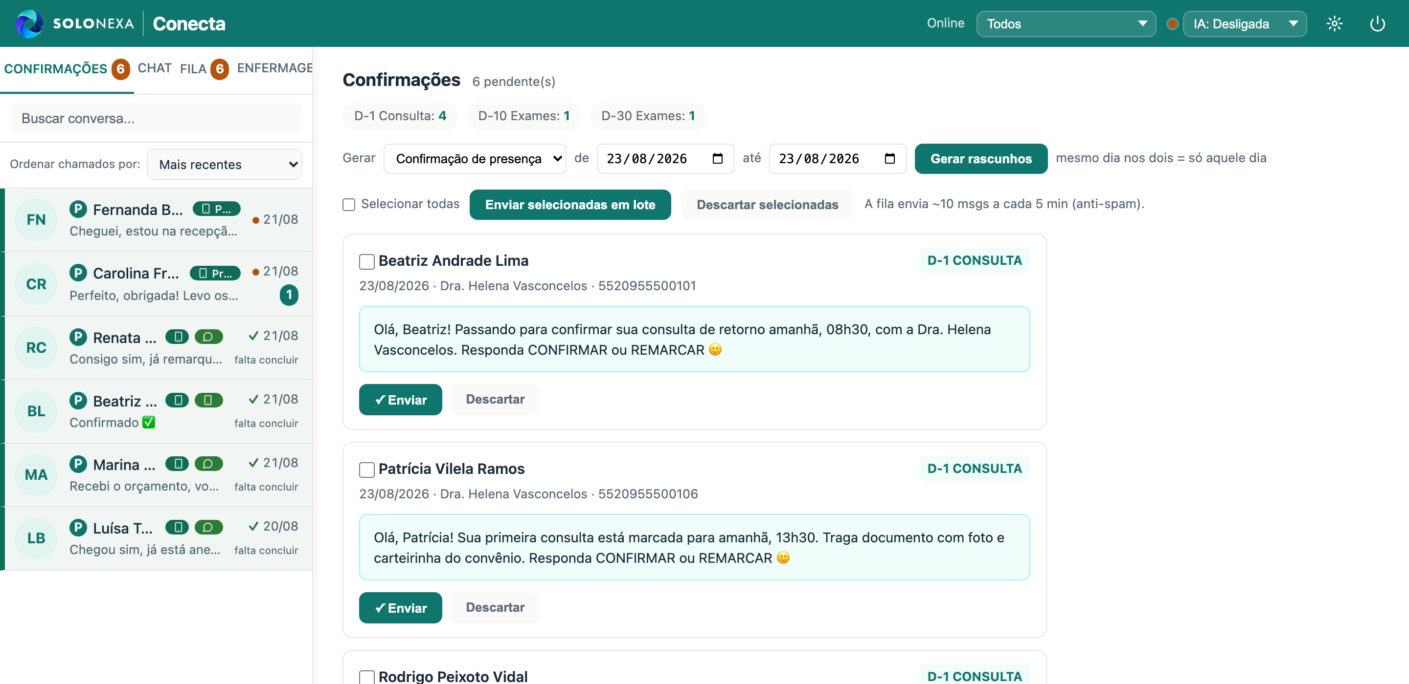 Tela de confirmação de consulta do módulo CONECTA: as mensagens do dia seguinte já escritas, uma por paciente, com data, profissional e o texto pronto — e os botões de enviar ou descartar cada uma, ou aprovar todas em lote.