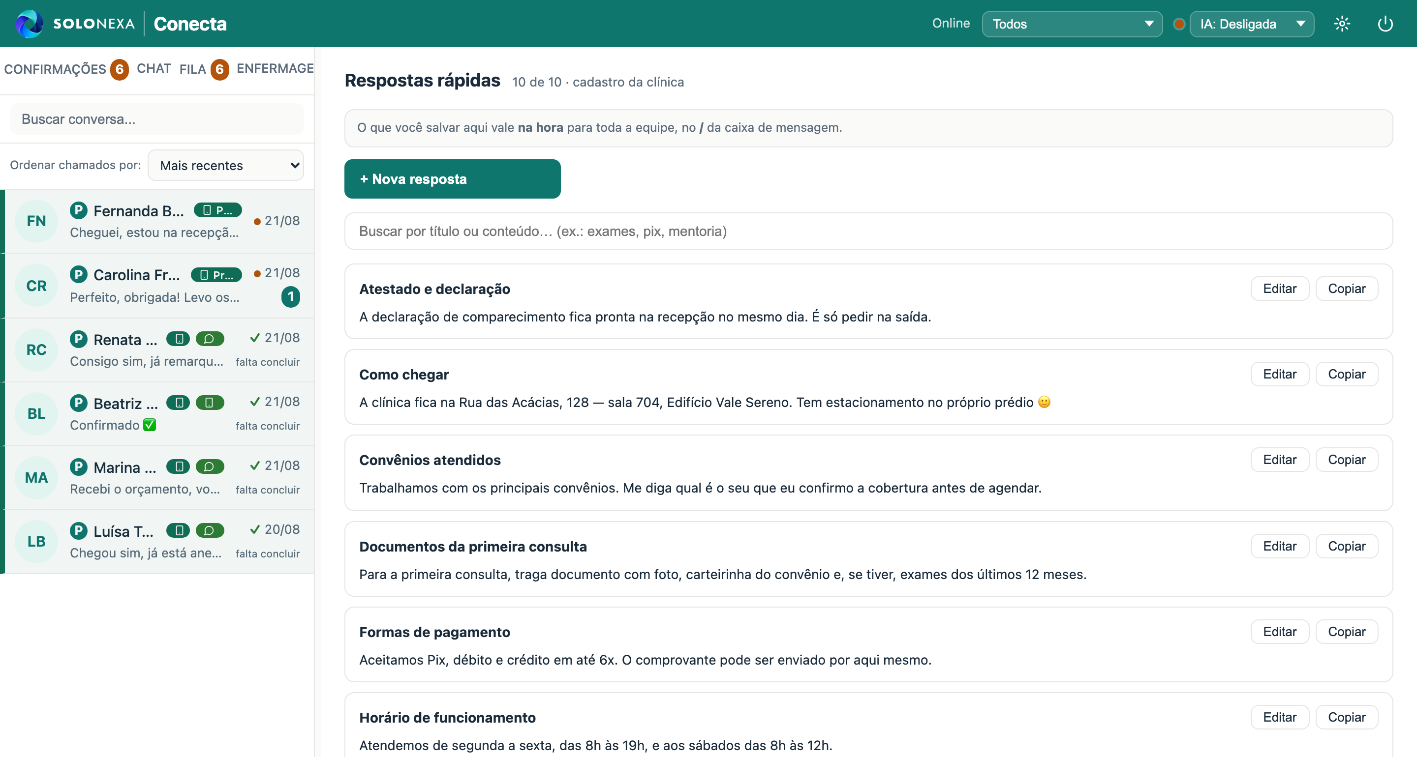 Tela de respostas rápidas do módulo CONECTA: as respostas cadastradas pela clínica — como chegar, convênios atendidos, documentos da primeira consulta, formas de pagamento, horário de funcionamento — cada uma com o texto inteiro e os botões de editar e copiar.