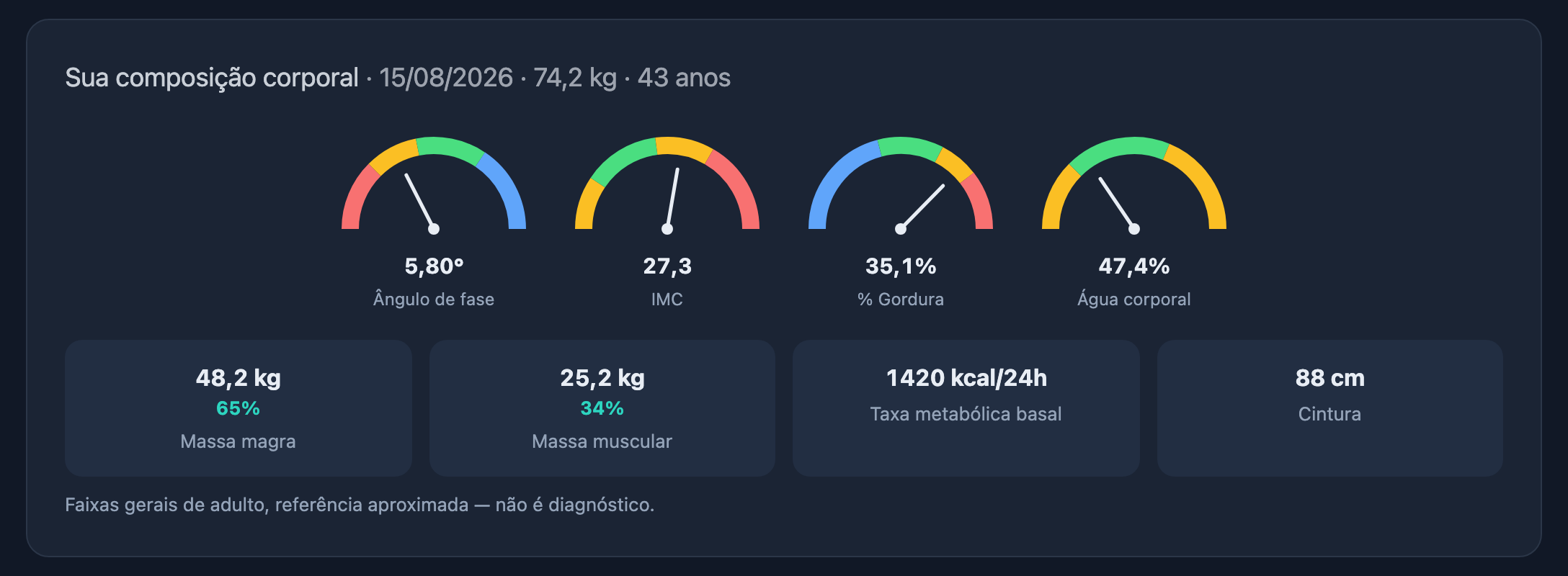 Trecho do portal do paciente no módulo EVOLUÇÃO: quatro medidores de composição corporal — ângulo de fase, IMC, percentual de gordura e água corporal — com massa magra, massa muscular, taxa metabólica basal e cintura logo abaixo.